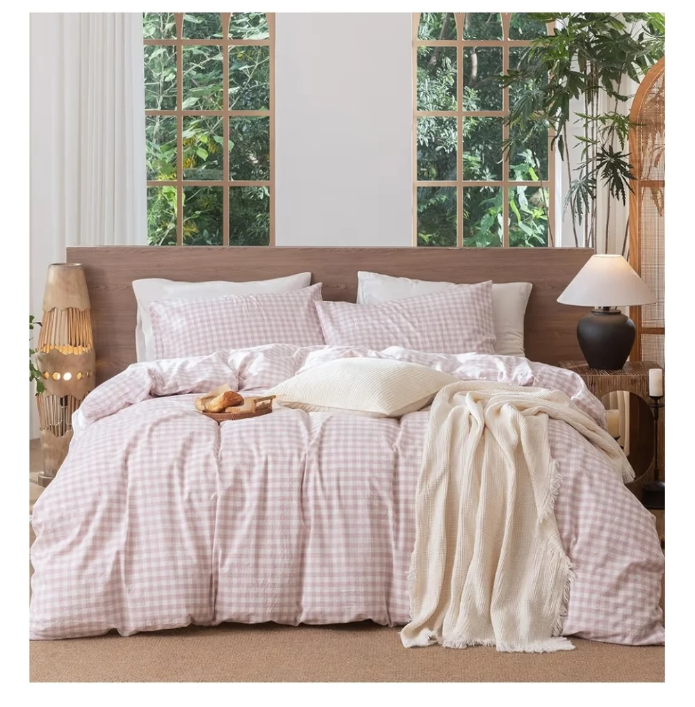 MooMee Gingham Duvet Cover Set 100% Washed Cotton Linen Like Textured Breathable